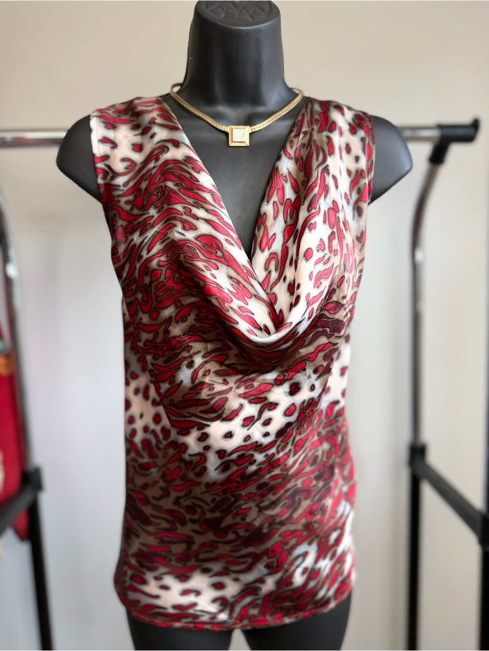 Jacqueline Conoir Satin Cowl Neck Top Open Racerback Abstract Print